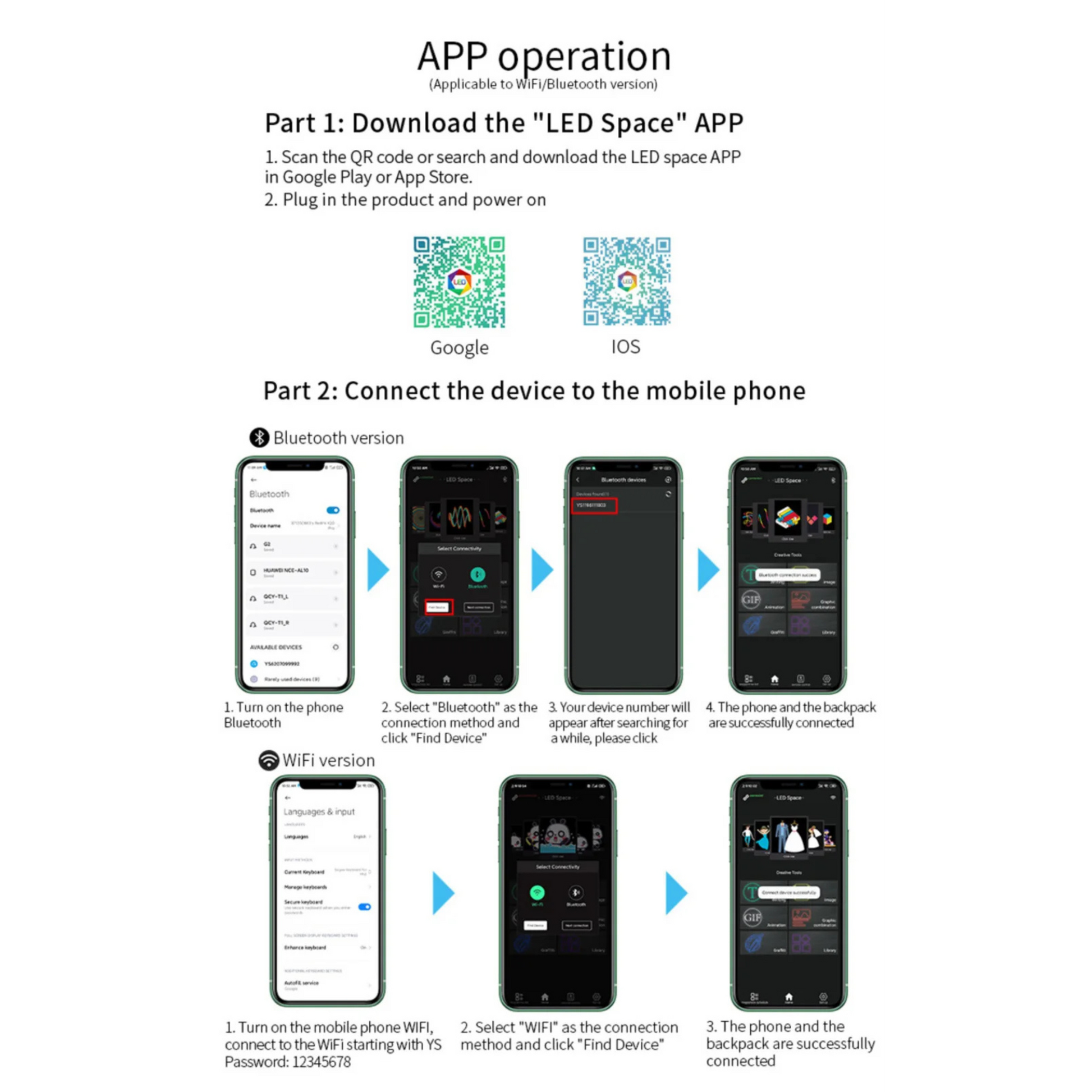 Step-by-step visual guide to connecting the T2 LED Smart Backpack with the app