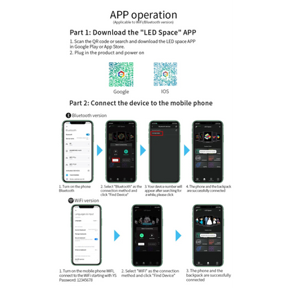 Step-by-step visual guide to connecting the T2 LED Smart Backpack with the app