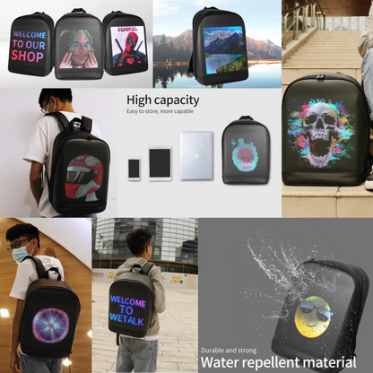 Collage of T2 LED Smart Backpack with various LED screen designs and animations