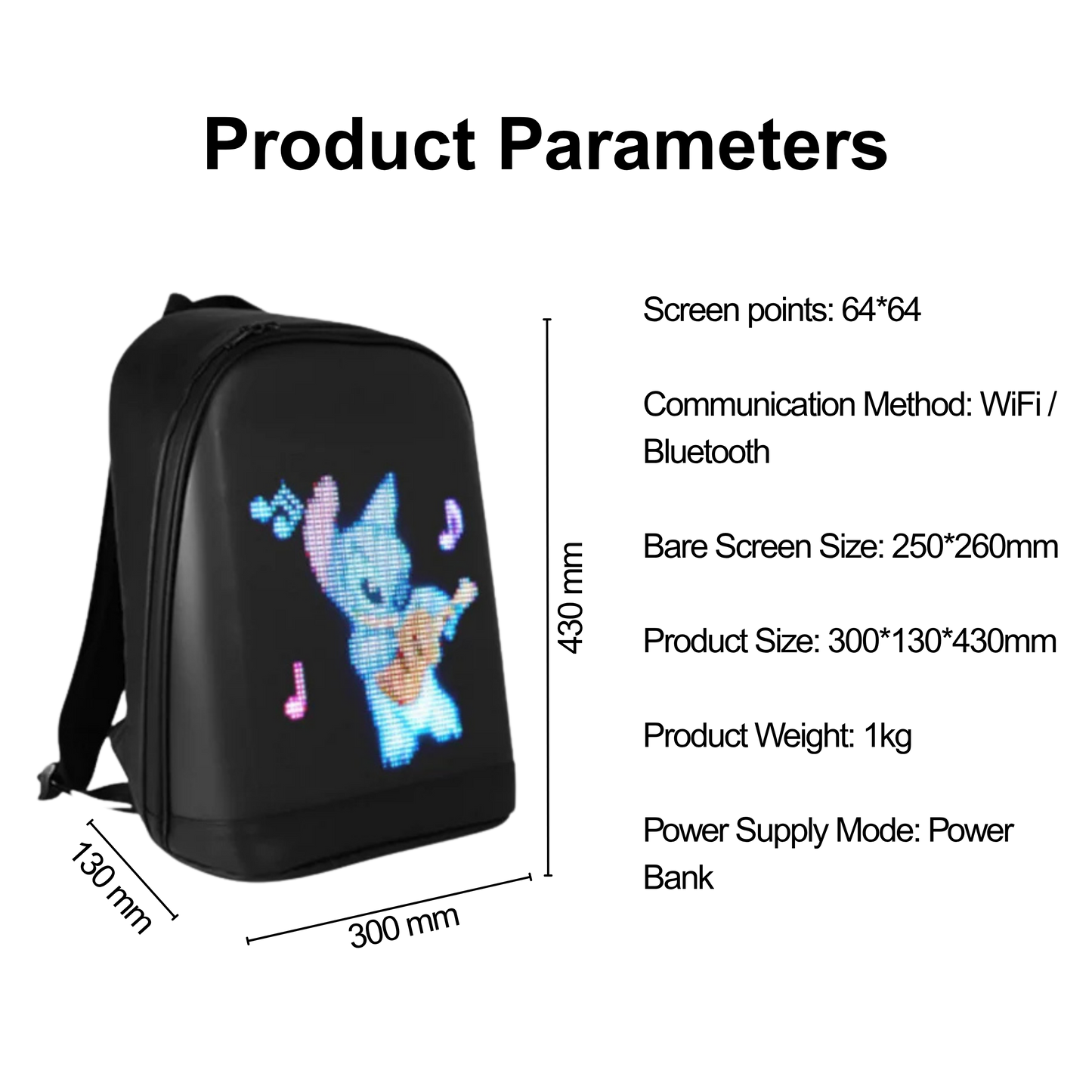 T2 LED Smart Backpack product parameters showing size and weight