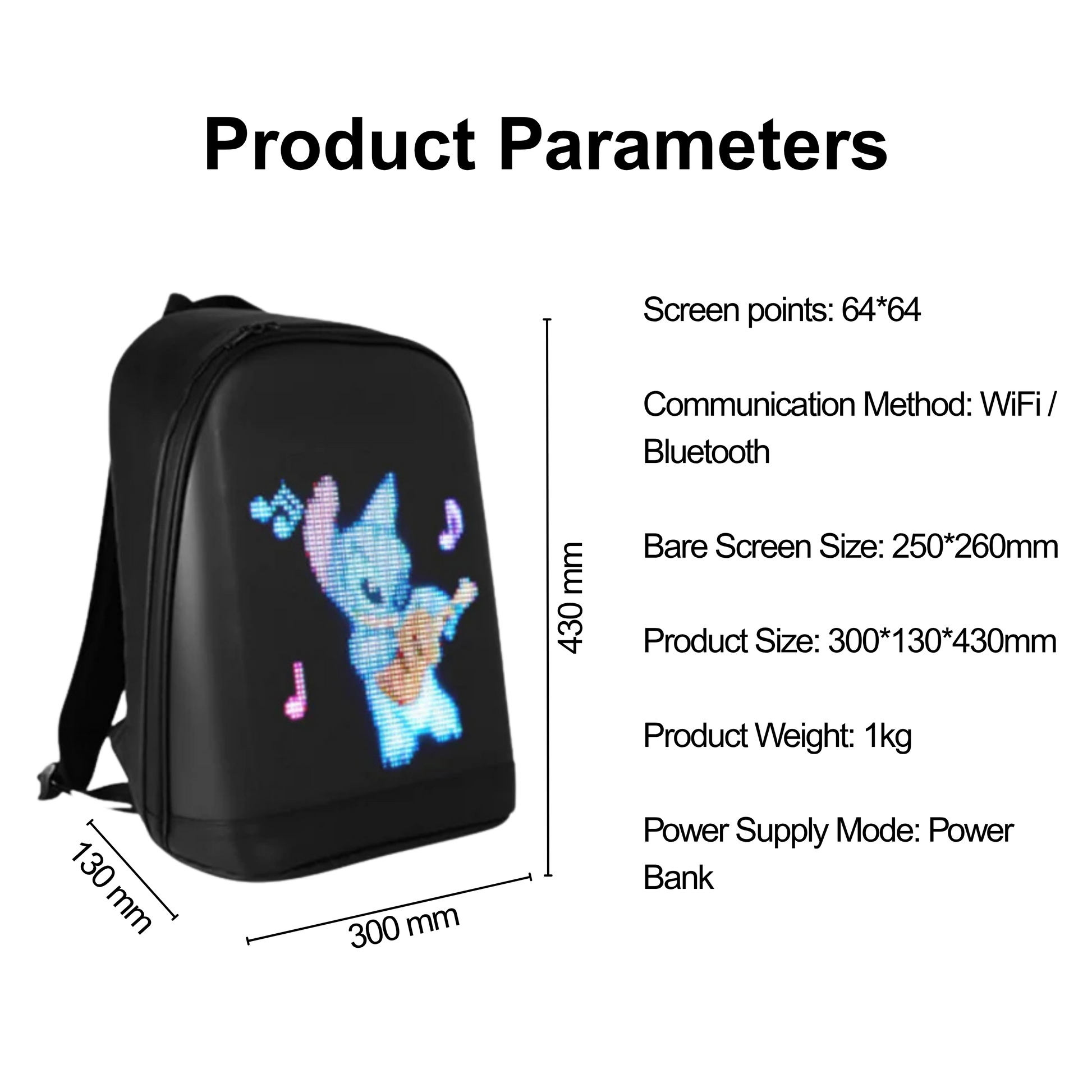 T2 LED Smart Backpack product parameters showing size and weight