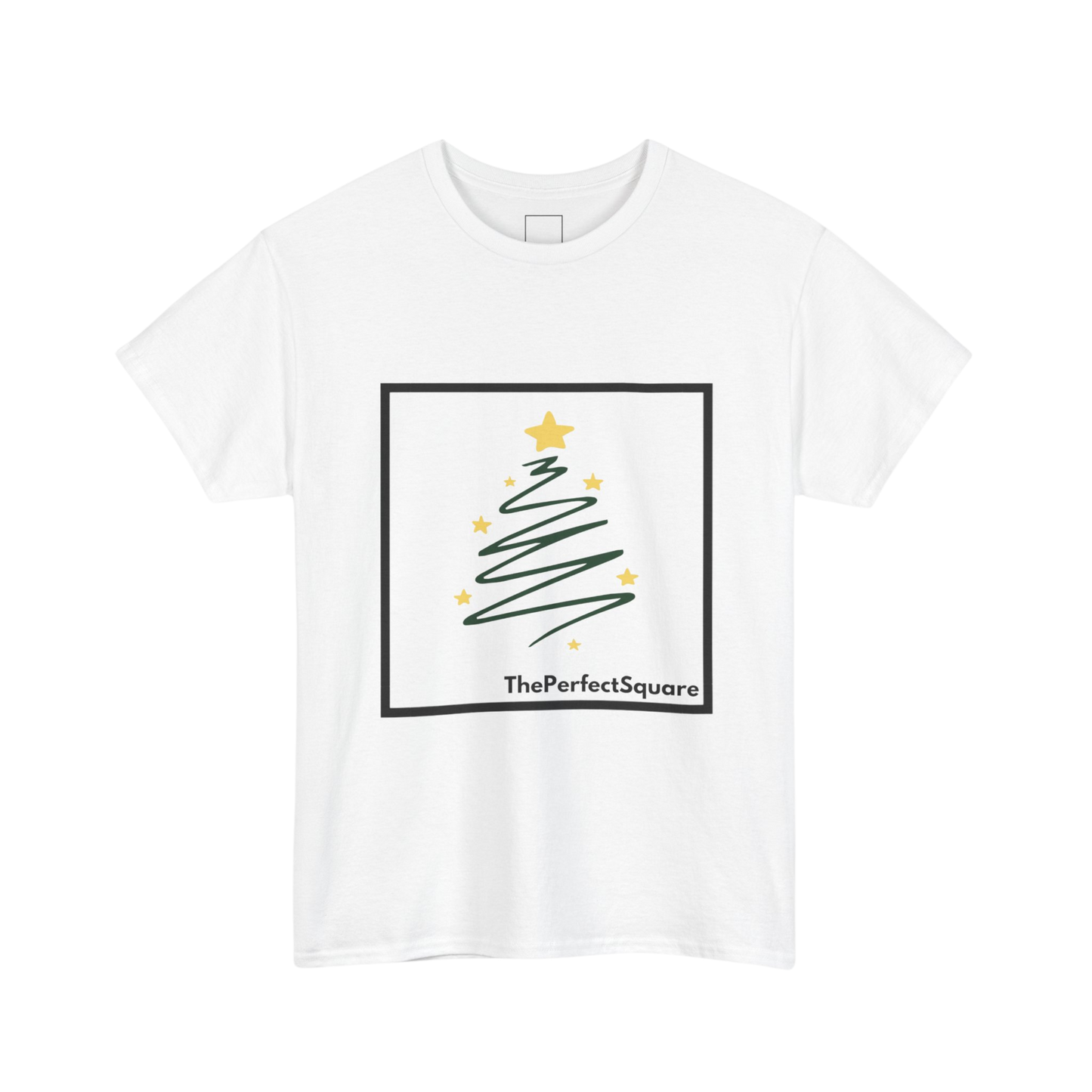 White cotton T-shirt with black square featuring green Christmas tree squiggle and yellow stars – The Perfect Square