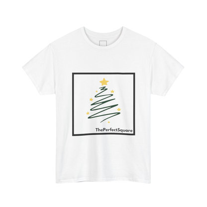 White cotton T-shirt with black square featuring green Christmas tree squiggle and yellow stars – The Perfect Square