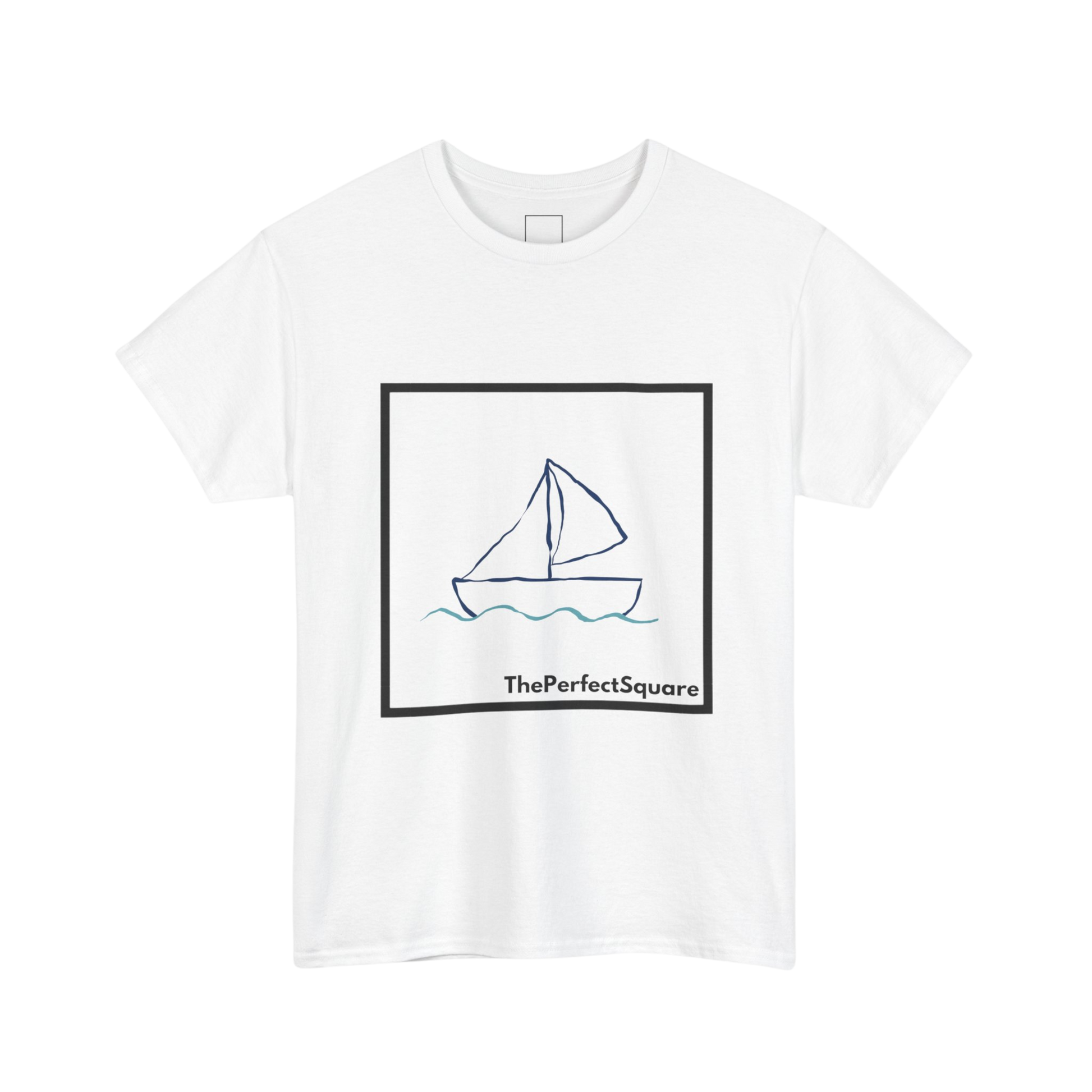 White cotton T-shirt with black square featuring line-drawn sailboat – The Perfect Square