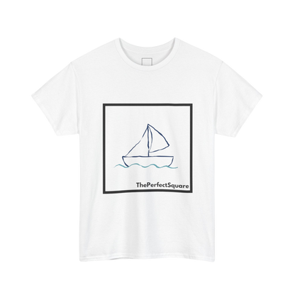 White cotton T-shirt with black square featuring line-drawn sailboat – The Perfect Square