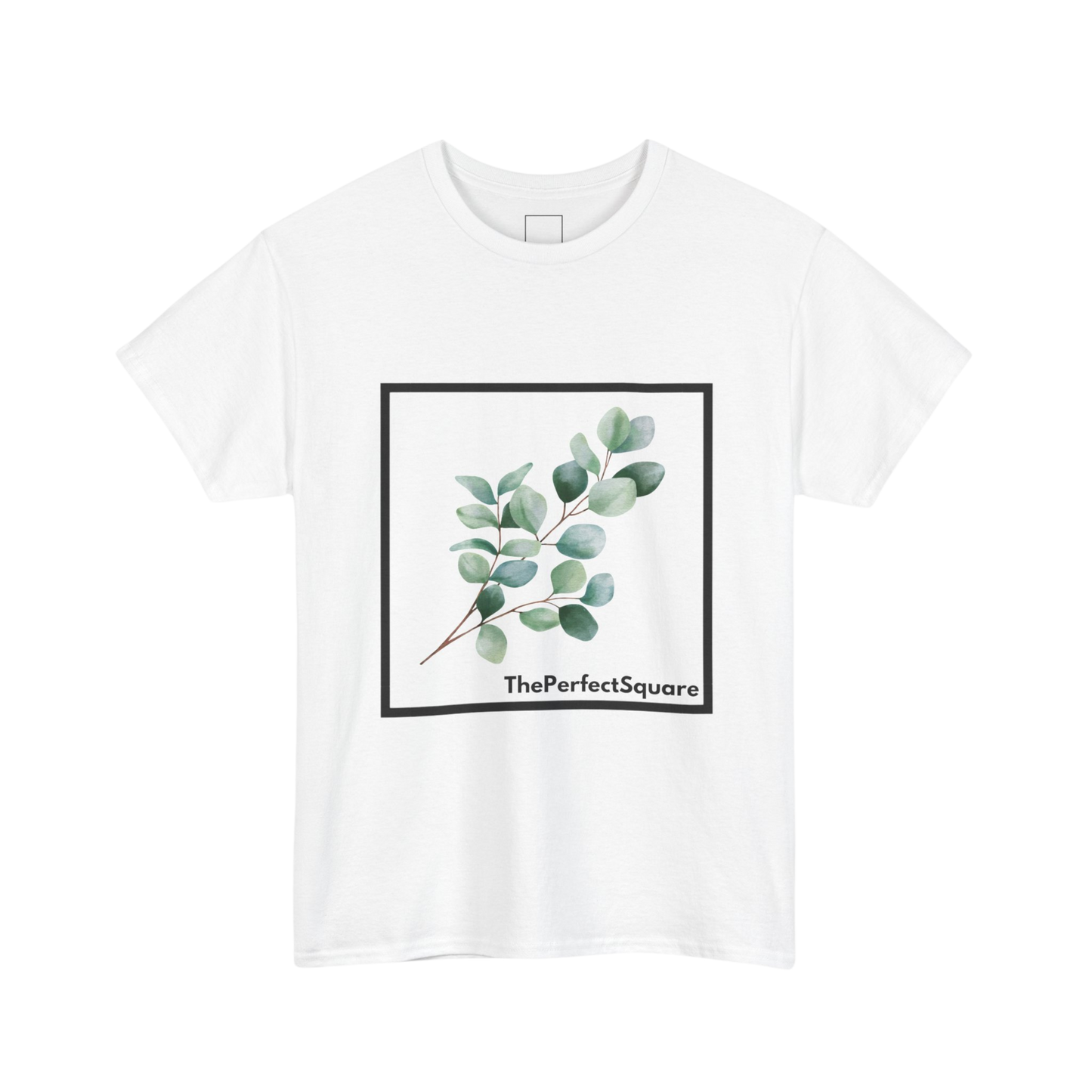White cotton T-shirt with black square featuring eucalyptus branch illustration – The Perfect Square