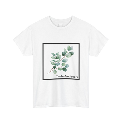 White cotton T-shirt with black square featuring eucalyptus branch illustration – The Perfect Square