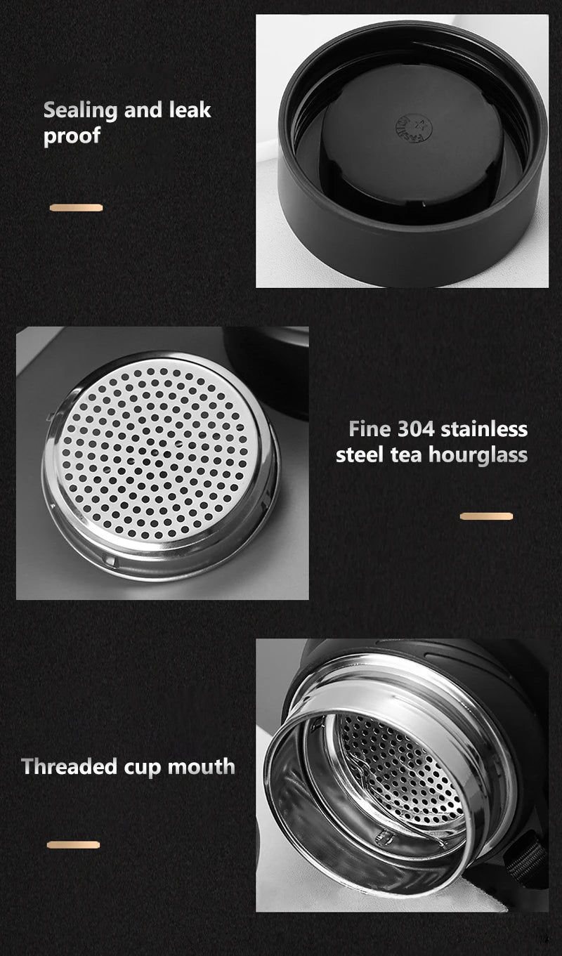 Leakproof thermos with steel tea filter, screw top, and threaded mouth