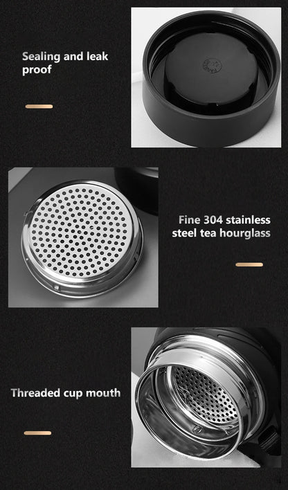 Leakproof thermos with steel tea filter, screw top, and threaded mouth