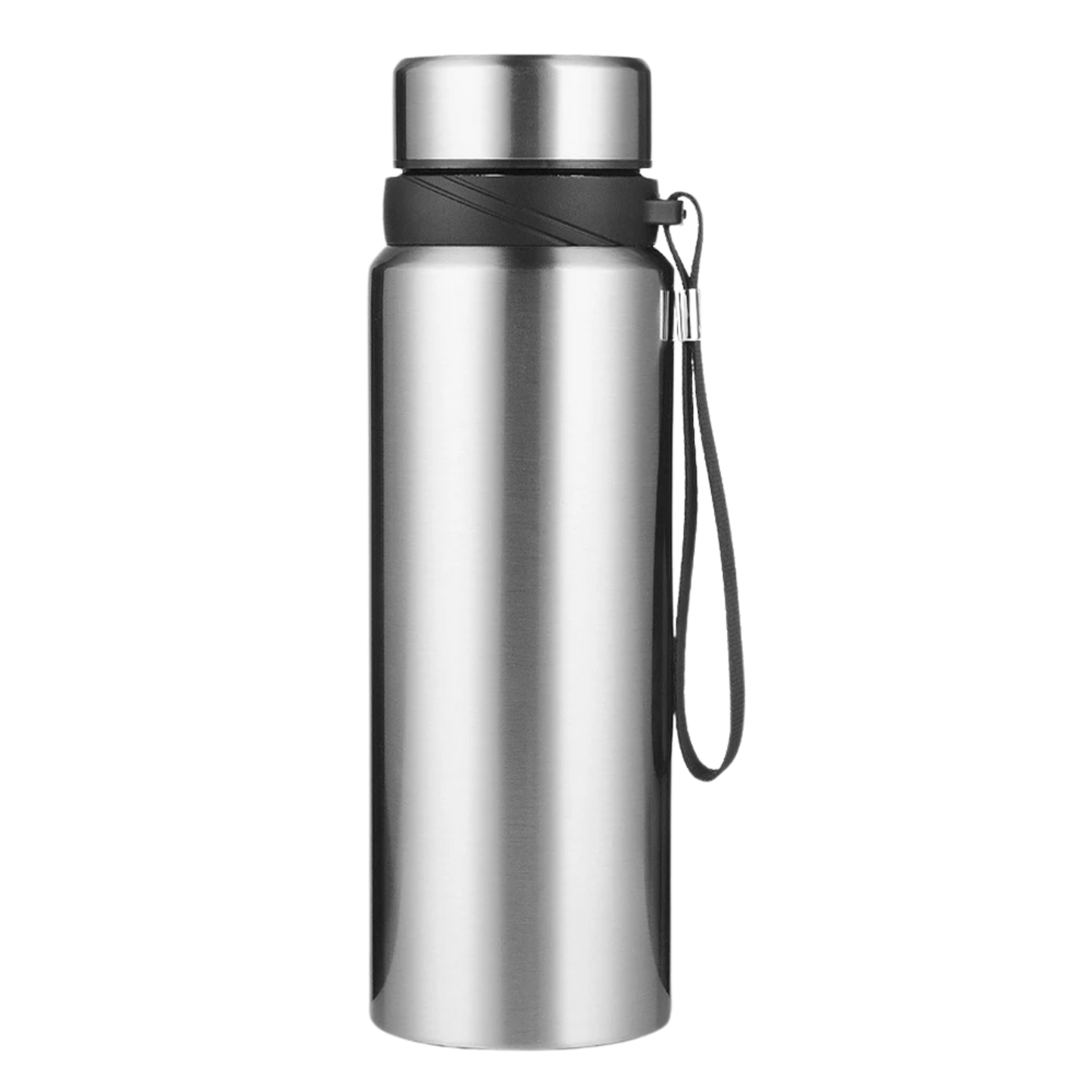 Silver stainless steel thermal bottle with sleek travel-ready design