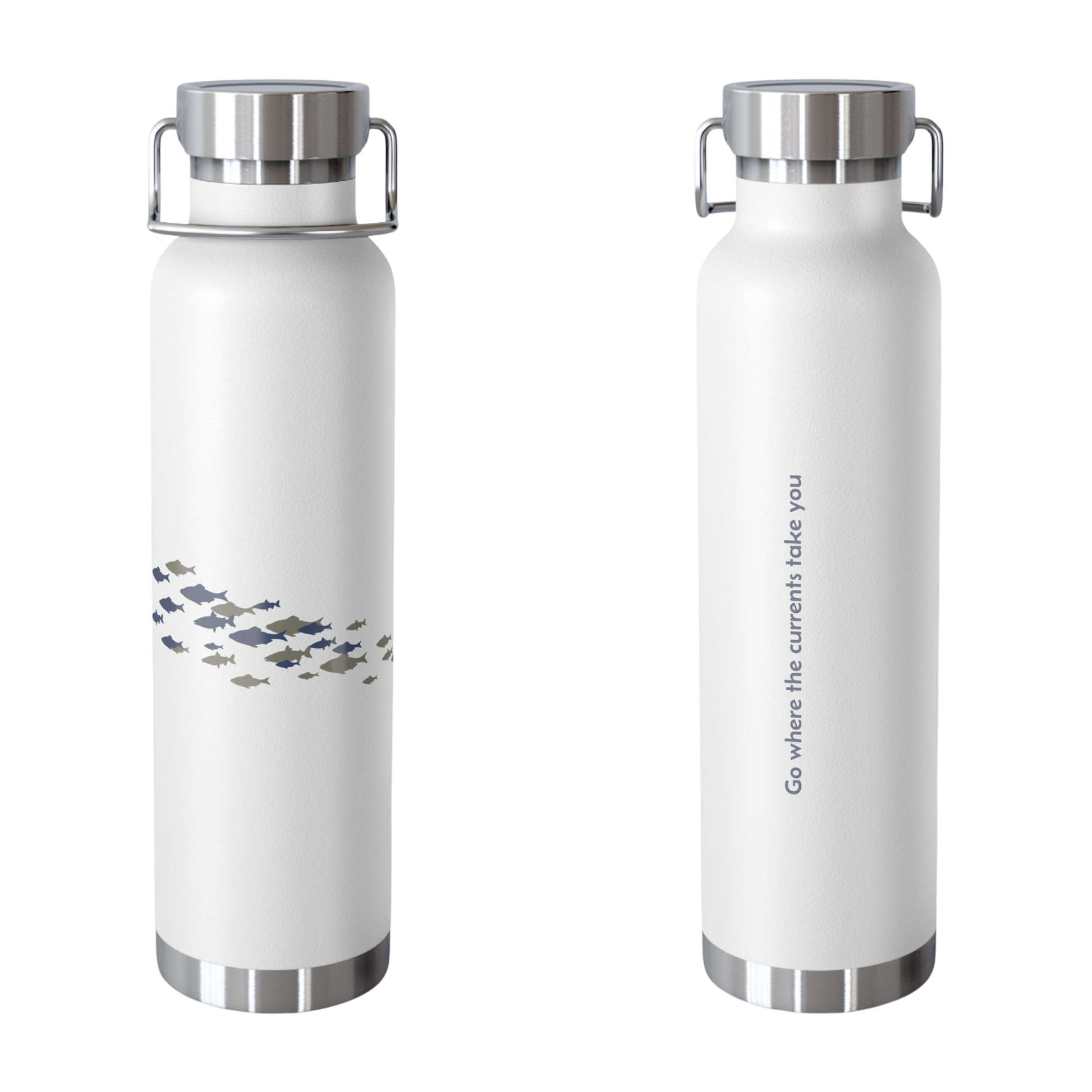 Tide & Tribe copper insulated bottle – fish design on front, quote on back: “Go where the current's take you”
