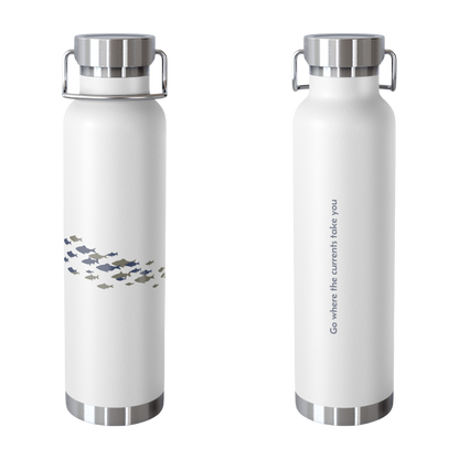 Tide & Tribe copper insulated bottle – fish design on front, quote on back: “Go where the current's take you”