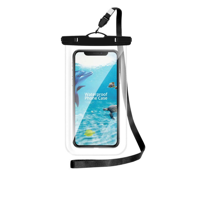 Universal waterproof phone case with clear front and IPX8 rating – fits phones up to 7.5 inches, dustproof and touchscreen-friendly
