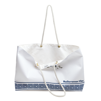 Side view of weekender tote bag showing open interior – cream lining and roomy space for travel essentials