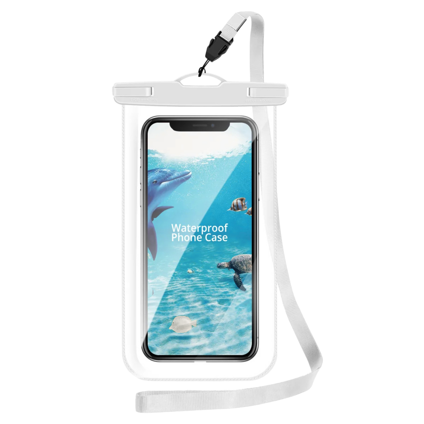 Clear phone case with white edge – waterproof and touchscreen-compatible for travel and outdoor use