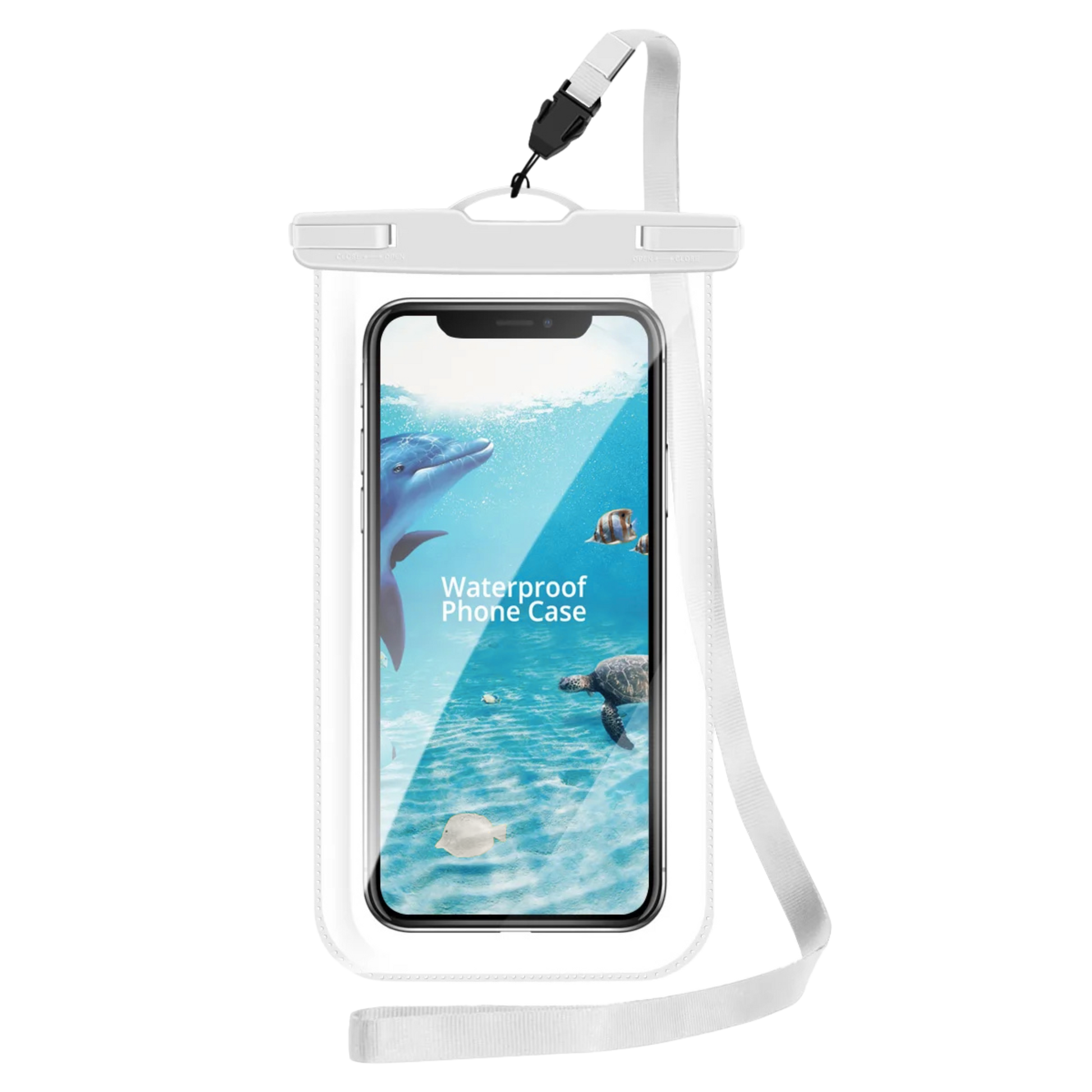 Clear phone case with white edge – waterproof and touchscreen-compatible for travel and outdoor use
