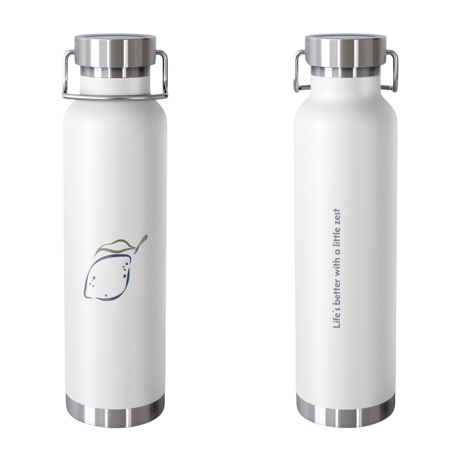 Zest & Rest copper water bottle – lemon artwork on front, “Life’s better with a little zest” quote on back
